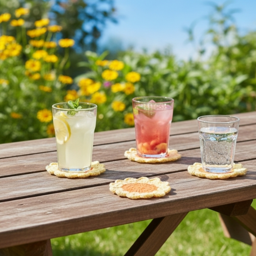 Hand Crafted Crochet Coasters Set of 4pcs Orange yellow flower handmade cup mats